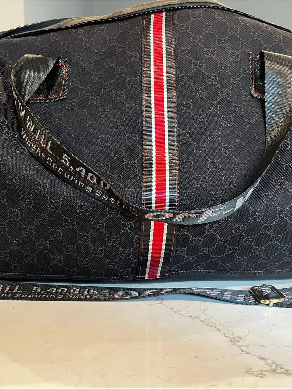Black GG Monogram Duffel with Center Stripe and Off White shoulder strap - Picture 1 of 1